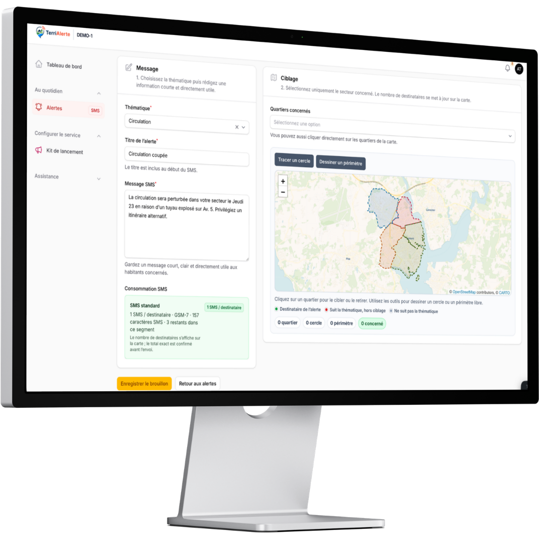 Interface TerriAlerte de rédaction et de ciblage d’une alerte affichée sur un écran