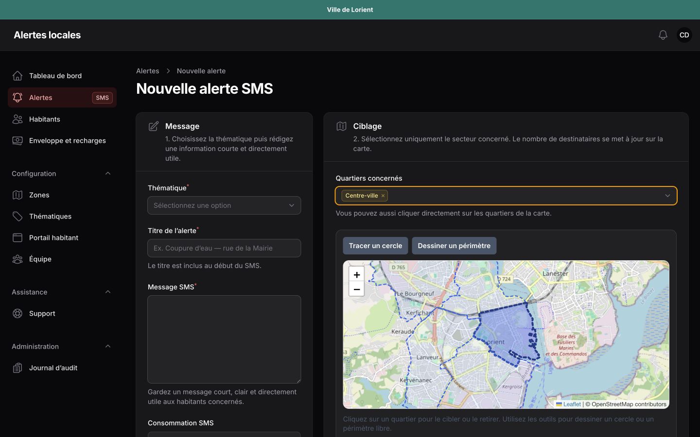Écran de création d’une alerte avec sélection d’un quartier sur la carte