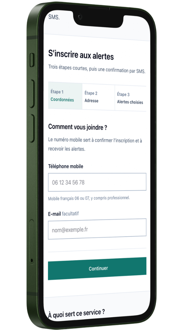 Formulaire mobile d’inscription volontaire aux alertes locales